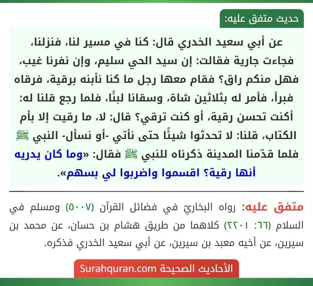 عن أبي سعيد الخدري قال: كنا في مسير لنا، فنزلنا، فجاءت جارية فقالت: إن سيد الحي سليم، وإن نفرنا غيب، فهل منكم راق؟ فقام معها رجل ما كنا نأبنه برقية، فرقاه فبرأ، فأمر له بثلاثين شاة، وسقانا لبنًا، فلما رجع قلنا له: أكنت تحسن رقية، أو كنت ترقي؟ قال: لا، ما رقيت إلا بأم الكتاب، قلنا: لا تحدثوا شيئًا حتى نأتي -أو نسأل- النبي ﷺ فلما قدّمنا المدينة ذكرناه للنبي ﷺ فقال: «وما كان يدريه أنها رقية؟ اقسموا واضربوا لي بسهم». عن أبي سعيد الخدري قال: كنا في مسير لنا، فنزلنا، فجاءت جارية فقالت: إن سيد الحي سليم، وإن نفرنا غيب، فهل منكم راق؟ فقام معها رجل ما كنا نأبنه برقية، فرقاه فبرأ، فأمر له بثلاثين شاة، وسقانا لبنًا، فلما رجع قلنا له: أكنت تحسن رقية، أو كنت ترقي؟ قال: لا، ما رقيت إلا بأم الكتاب، قلنا: لا تحدثوا شيئًا حتى نأتي -أو نسأل- النبي ﷺ فلما قدّمنا المدينة ذكرناه للنبي ﷺ فقال: «وما كان يدريه أنها رقية؟ اقسموا واضربوا لي بسهم».