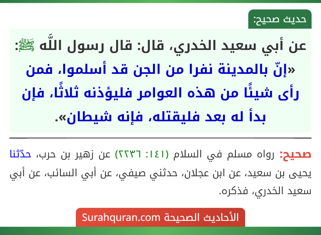 عن أبي سعيد الخدري، قال: قال رسول اللَّه ﷺ: «إنّ بالمدينة نفرا من الجن قد أسلموا، فمن رأى شيئًا من هذه العوامر فليؤذنه ثلاثًا، فإن بدأ له بعد فليقتله، فإنه شيطان».