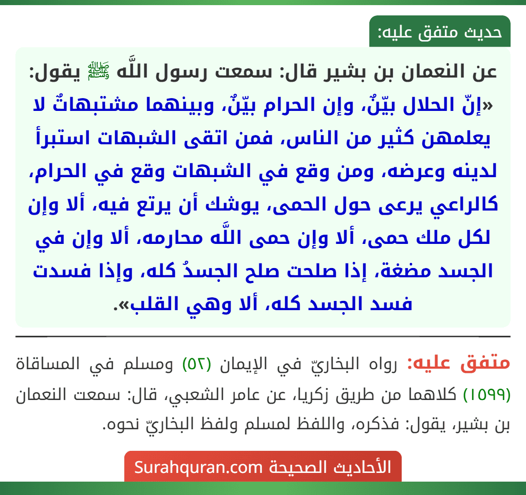 عن النعمان بن بشير قال: سمعت رسول اللَّه ﷺ يقول: «إنّ الحلال بيّنٌ، وإن الحرام بيّنٌ، وبينهما مشتبهاتٌ لا يعلمهن كثير من الناس، فمن اتقى الشبهات استبرأ لدينه وعرضه، ومن وقع في الشبهات وقع في الحرام، كالراعي يرعى حول الحمى، يوشك أن يرتع فيه، ألا وإن لكل ملك حمى، ألا وإن حمى اللَّه محارمه، ألا وإن في الجسد مضغة، إذا صلحت صلح الجسدُ كله، وإذا فسدت فسد الجسد كله، ألا وهي القلب». عن النعمان بن بشير قال: سمعت رسول اللَّه ﷺ يقول: «إنّ الحلال بيّنٌ، وإن الحرام بيّنٌ، وبينهما مشتبهاتٌ لا يعلمهن كثير من الناس، فمن اتقى الشبهات استبرأ لدينه وعرضه، ومن وقع في الشبهات وقع في الحرام، كالراعي يرعى حول الحمى، يوشك أن يرتع فيه، ألا وإن لكل ملك حمى، ألا وإن حمى اللَّه محارمه، ألا وإن في الجسد مضغة، إذا صلحت صلح الجسدُ كله، وإذا فسدت فسد الجسد كله، ألا وهي القلب».