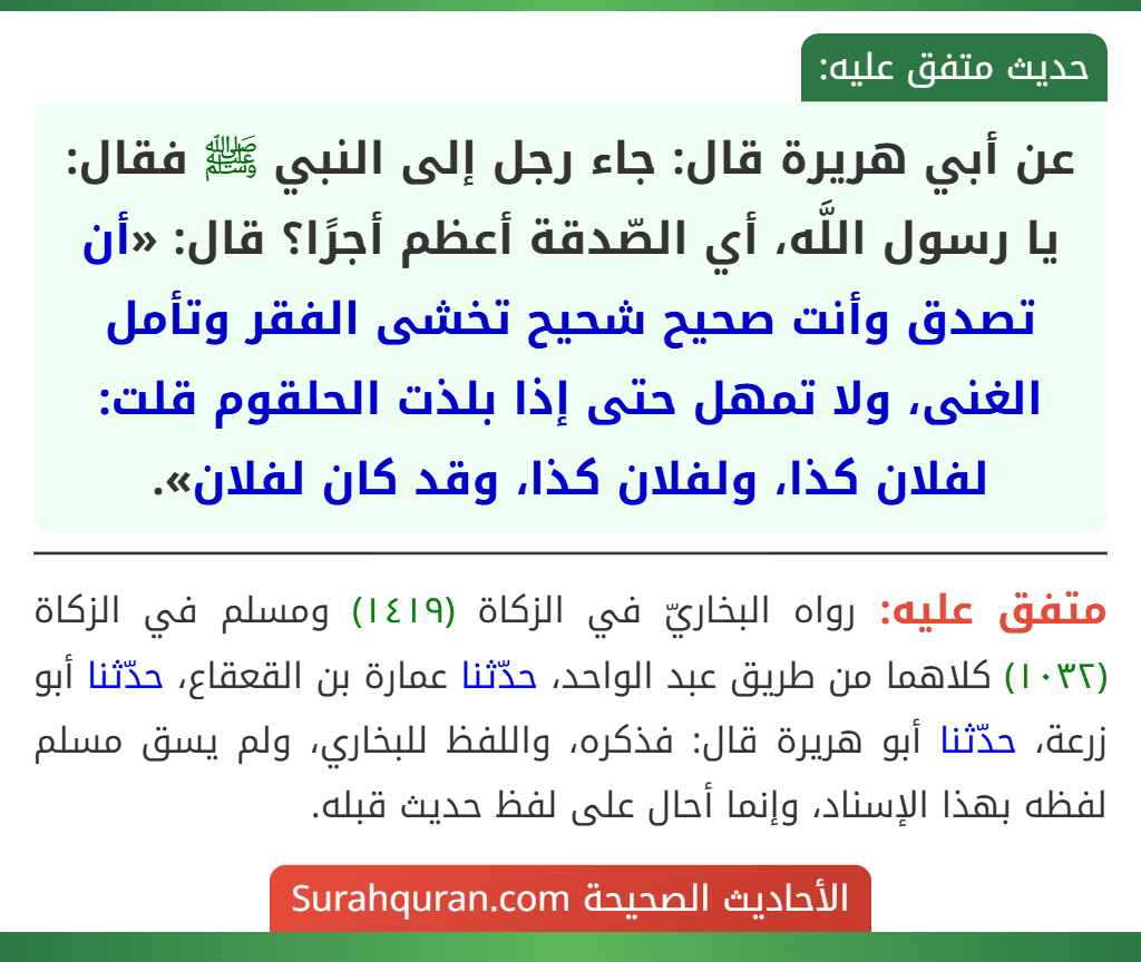 عن أبي هريرة قال: جاء رجل إلى النبي ﷺ فقال: يا رسول اللَّه، أي الصّدقة أعظم أجرًا؟ قال: «أن تصدق وأنت صحيح شحيح تخشى الفقر وتأمل الغنى، ولا تمهل حتى إذا بلذت الحلقوم قلت: لفلان كذا، ولفلان كذا، وقد كان لفلان».