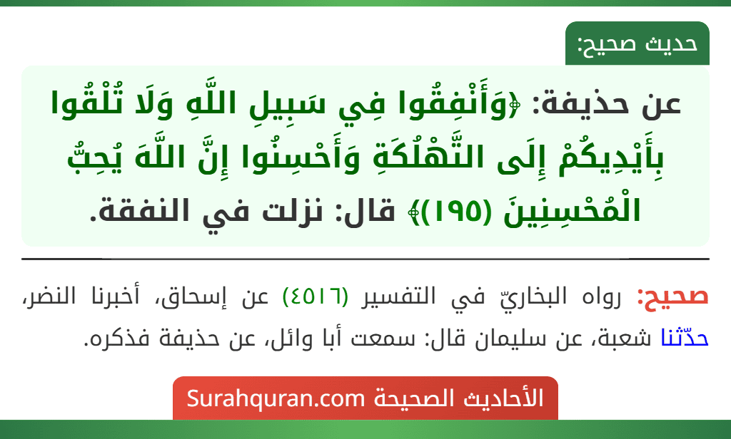 عن حذيفة: ﴿وَأَنْفِقُوا فِي سَبِيلِ اللَّهِ وَلَا تُلْقُوا بِأَيْدِيكُمْ إِلَى التَّهْلُكَةِ وَأَحْسِنُوا إِنَّ اللَّهَ يُحِبُّ الْمُحْسِنِينَ (١٩٥)﴾ قال: نزلت في النفقة.