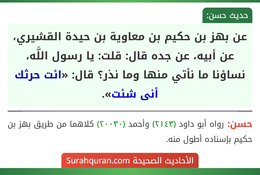 عن بهز بن حكيم بن معاوية بن حيدة القشيري، عن أبيه، عن جده قال: قلت: يا رسول اللَّه، نساؤنا ما نأتي منها وما نذر؟ قال: «ائت حرثك أنى شئت».