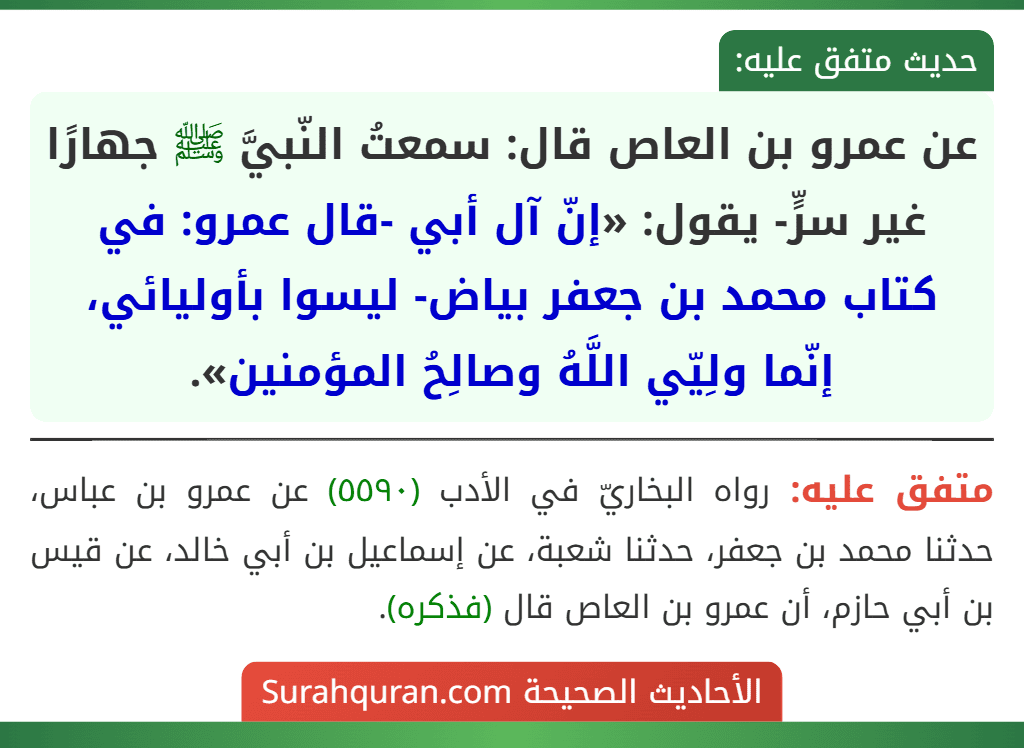 عن عمرو بن العاص قال: سمعتُ النّبيَّ ﷺ جهارًا غير سرٍّ- يقول: «إنّ آل أبي -قال عمرو: في كتاب محمد بن جعفر بياض- ليسوا بأوليائي، إنّما ولِيّي اللَّهُ وصالِحُ المؤمنين».