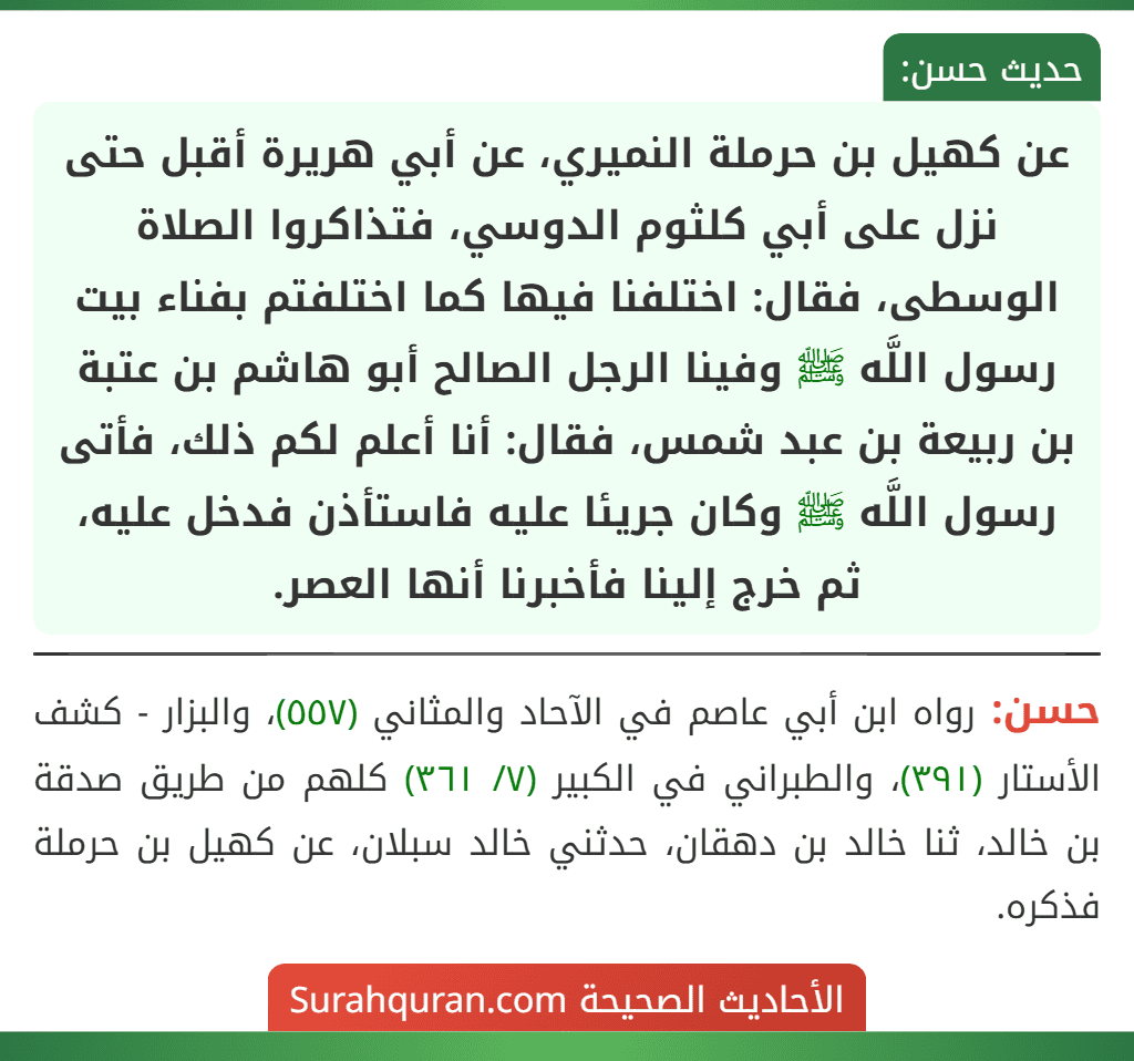 عن كهيل بن حرملة النميري، عن أبي هريرة أقبل حتى نزل على أبي كلثوم الدوسي، فتذاكروا الصلاة الوسطى، فقال: اختلفنا فيها كما اختلفتم بفناء بيت
رسول اللَّه ﷺ وفينا الرجل الصالح أبو هاشم بن عتبة بن ربيعة بن عبد شمس، فقال: أنا أعلم لكم ذلك، فأتى رسول اللَّه ﷺ وكان جريئا عليه فاستأذن فدخل عليه، ثم خرج إلينا فأخبرنا أنها العصر.