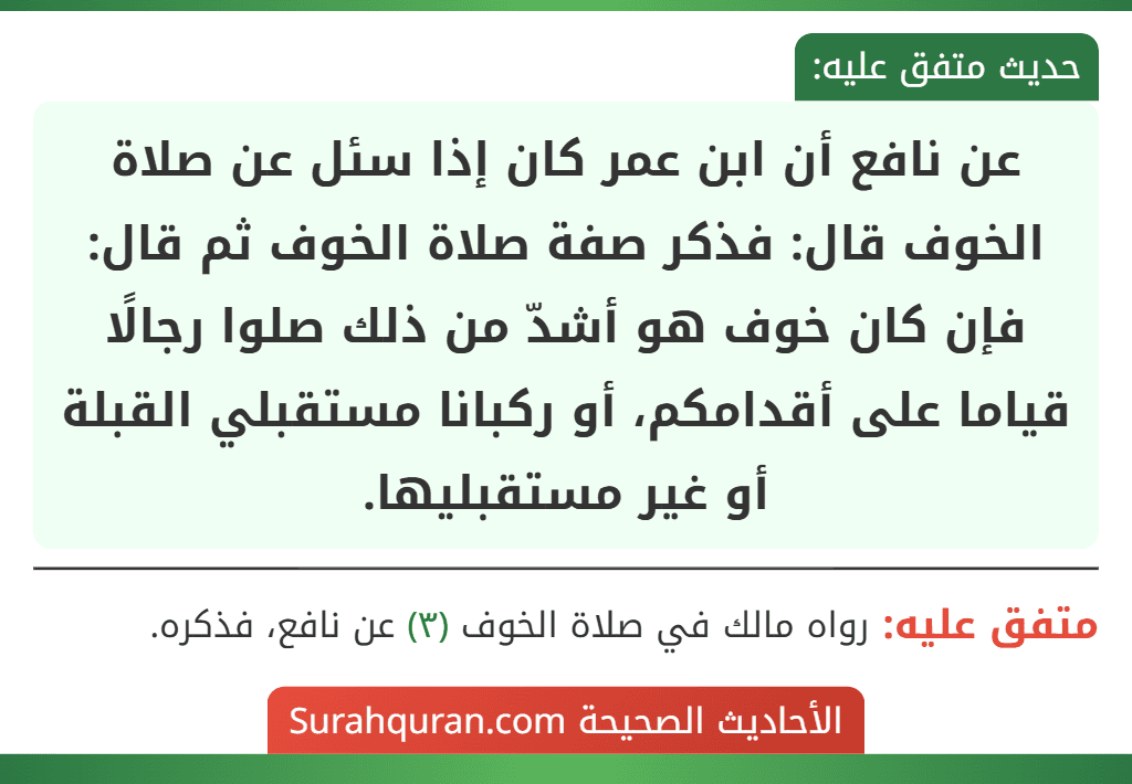 عن نافع أن ابن عمر كان إذا سئل عن صلاة الخوف قال: فذكر صفة صلاة الخوف ثم قال: فإن كان خوف هو أشدّ من ذلك صلوا رجالًا قياما على أقدامكم، أو ركبانا مستقبلي القبلة أو غير مستقبليها. عن نافع أن ابن عمر كان إذا سئل عن صلاة الخوف قال: فذكر صفة صلاة الخوف ثم قال: فإن كان خوف هو أشدّ من ذلك صلوا رجالًا قياما على أقدامكم، أو ركبانا مستقبلي القبلة أو غير مستقبليها.