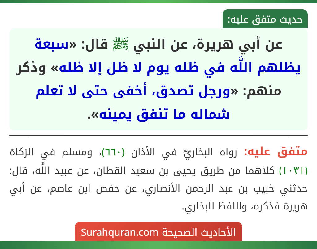 عن أبي هريرة، عن النبي ﷺ قال: «سبعة يظلهم اللَّه في ظله يوم لا ظل إلا ظله» وذكر منهم: «ورجل تصدق، أخفى حتى لا تعلم شماله ما تنفق يمينه».