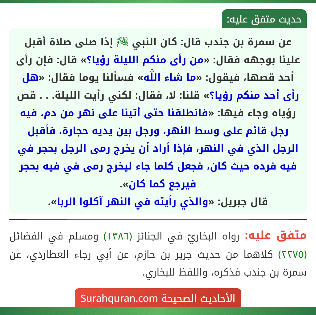 عن سمرة بن جندب قال: كان النبي ﷺ إذا صلى صلاة أقبل علينا بوجهه فقال: «من رأى منكم الليلة رؤيا؟» قال: فإن رأى أحد قصها، فيقول: «ما شاء اللَّه» فسألنا يوما فقال: «هل رأى أحد منكم رؤيا؟» قلنا: لا، فقال: لكني رأيت الليلة. . . قص رؤياه وجاء فيها: «فانطلقنا حتى أتينا على نهر من دم، فيه رجل قائم على وسط النهر، ورجل بين يديه حجارة، فأقبل الرجل الذي في النهر، فإذا أراد أن يخرج رمى الرجل بحجر في فيه فرده حيث كان، فجعل كلما جاء ليخرج رمى في فيه بحجر فيرجع كما كان».
قال جبريل: «والذي رأيته في النهر آكلوا الربا».