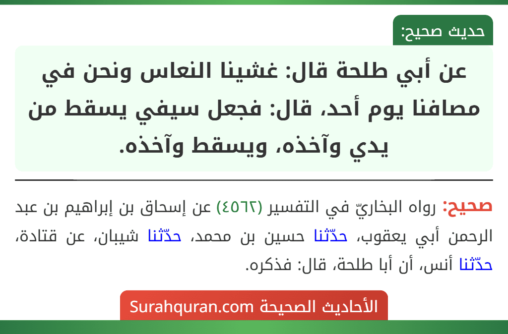 عن أبي طلحة قال: غشينا النعاس ونحن في مصافنا يوم أحد، قال: فجعل سيفي يسقط من يدي وآخذه، ويسقط وآخذه.