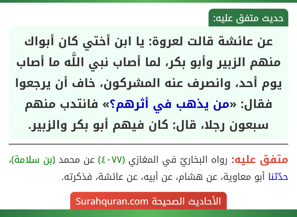عن عائشة قالت لعروة: يا ابن أختي كان أبواك منهم الزبير وأبو بكر، لما أصاب نبي اللَّه ما أصاب يوم أحد، وانصرف عنه المشركون، خاف أن يرجعوا فقال: «من يذهب في أثرهم؟» فانتدب منهم سبعون رجلا، قال: كان فيهم أبو بكر والزبير.
