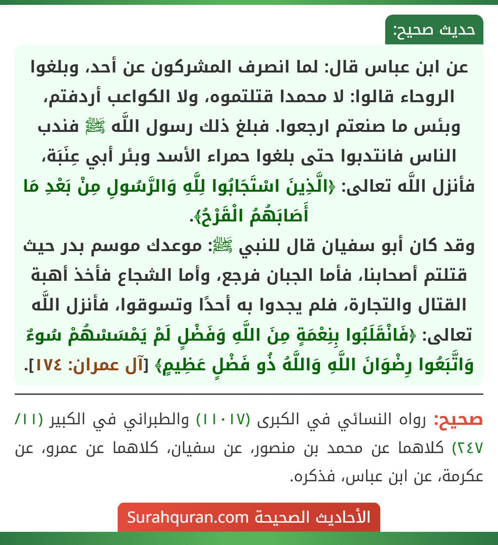 عن ابن عباس قال: لما انصرف المشركون عن أحد، وبلغوا الروحاء قالوا: لا محمدا قتلتموه، ولا الكواعب أردفتم، وبئس ما صنعتم ارجعوا. فبلغ ذلك رسول اللَّه ﷺ فندب الناس فانتدبوا حتى بلغوا حمراء الأسد وبئر أبي عِنَبَة، فأنزل اللَّه تعالى: ﴿الَّذِينَ اسْتَجَابُوا لِلَّهِ وَالرَّسُولِ مِنْ بَعْدِ مَا أَصَابَهُمُ الْقَرْحُ﴾.
وقد كان أبو سفيان قال للنبي ﷺ: موعدك موسم بدر حيث قتلتم أصحابنا، فأما الجبان فرجع، وأما الشجاع فأخذ أهبة القتال والتجارة، فلم يجدوا به أحدًا وتسوقوا، فأنزل اللَّه تعالى: ﴿فَانْقَلَبُوا بِنِعْمَةٍ مِنَ اللَّهِ وَفَضْلٍ لَمْ يَمْسَسْهُمْ سُوءٌ وَاتَّبَعُوا رِضْوَانَ اللَّهِ وَاللَّهُ ذُو فَضْلٍ عَظِيمٍ﴾ [آل عمران: ١٧٤].