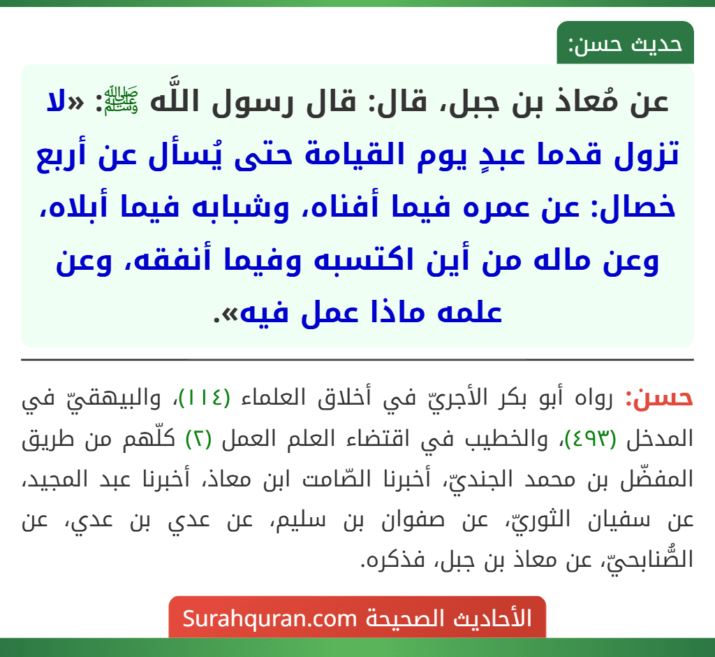 عن مُعاذ بن جبل، قال: قال رسول اللَّه ﷺ: «لا تزول قدما عبدٍ يوم القيامة حتى يُسأل عن أربع خصال: عن عمره فيما أفناه، وشبابه فيما أبلاه، وعن ماله من أين اكتسبه وفيما أنفقه، وعن علمه ماذا عمل فيه». عن مُعاذ بن جبل، قال: قال رسول اللَّه ﷺ: «لا تزول قدما عبدٍ يوم القيامة حتى يُسأل عن أربع خصال: عن عمره فيما أفناه، وشبابه فيما أبلاه، وعن ماله من أين اكتسبه وفيما أنفقه، وعن علمه ماذا عمل فيه».