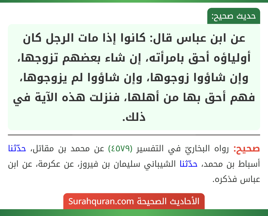 عن ابن عباس قال: كانوا إذا مات الرجل كان أولياؤه أحق بامرأته، إن شاء بعضهم تزوجها، وإن شاؤوا زوجوها، وإن شاؤوا لم يزوجوها، فهم أحق بها من أهلها، فنزلت هذه الآية في ذلك.