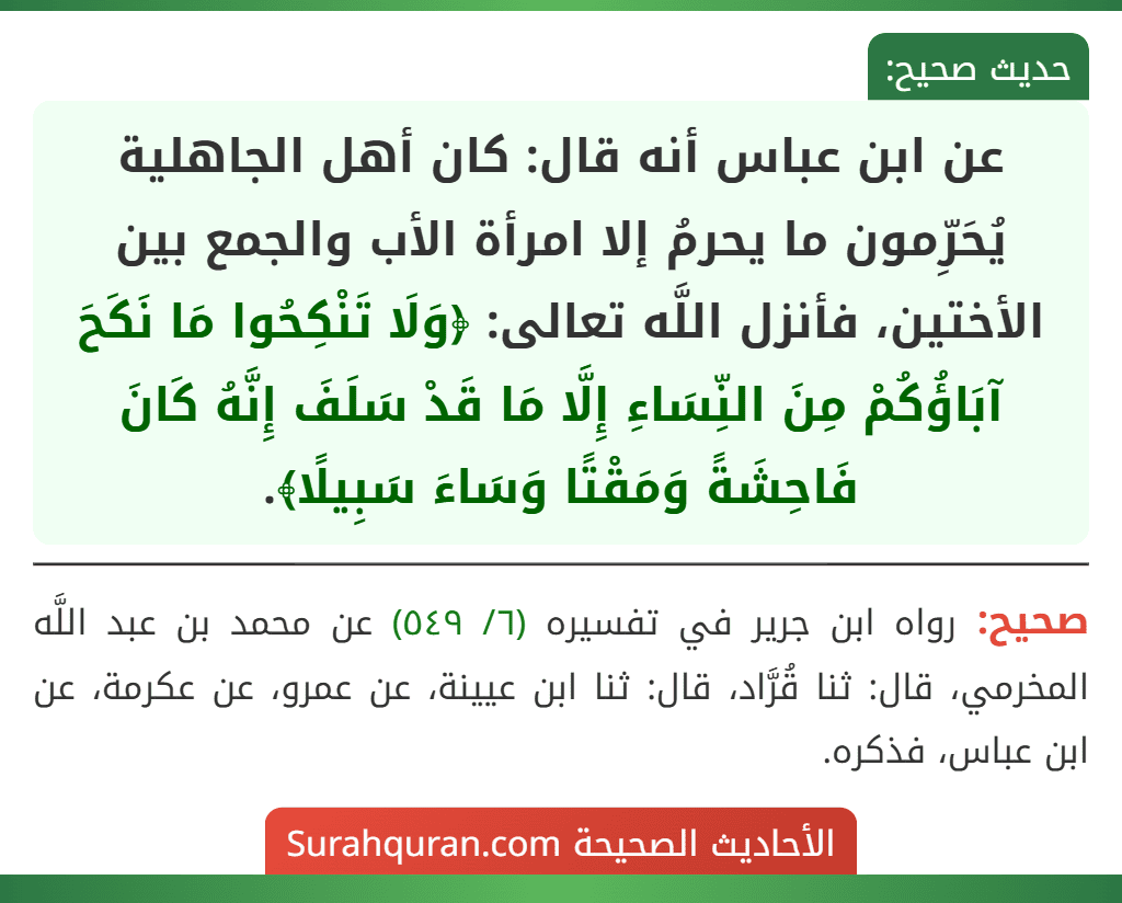 عن ابن عباس أنه قال: كان أهل الجاهلية يُحَرِّمون ما يحرمُ إلا امرأة الأب والجمع بين الأختين، فأنزل اللَّه تعالى: ﴿وَلَا تَنْكِحُوا مَا نَكَحَ آبَاؤُكُمْ مِنَ النِّسَاءِ إِلَّا مَا قَدْ سَلَفَ إِنَّهُ كَانَ فَاحِشَةً وَمَقْتًا وَسَاءَ سَبِيلًا﴾. عن ابن عباس أنه قال: كان أهل الجاهلية يُحَرِّمون ما يحرمُ إلا امرأة الأب والجمع بين الأختين، فأنزل اللَّه تعالى: ﴿وَلَا تَنْكِحُوا مَا نَكَحَ آبَاؤُكُمْ مِنَ النِّسَاءِ إِلَّا مَا قَدْ سَلَفَ إِنَّهُ كَانَ فَاحِشَةً وَمَقْتًا وَسَاءَ سَبِيلًا﴾.
