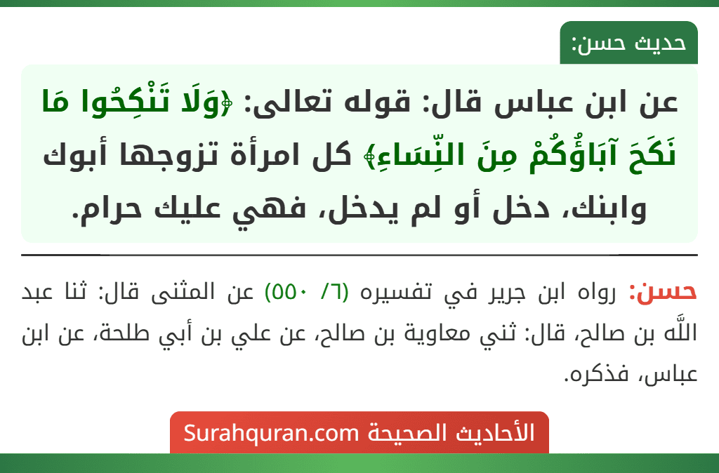 عن ابن عباس قال: قوله تعالى: ﴿وَلَا تَنْكِحُوا مَا نَكَحَ آبَاؤُكُمْ مِنَ النِّسَاءِ﴾ كل امرأة تزوجها أبوك وابنك، دخل أو لم يدخل، فهي عليك حرام.