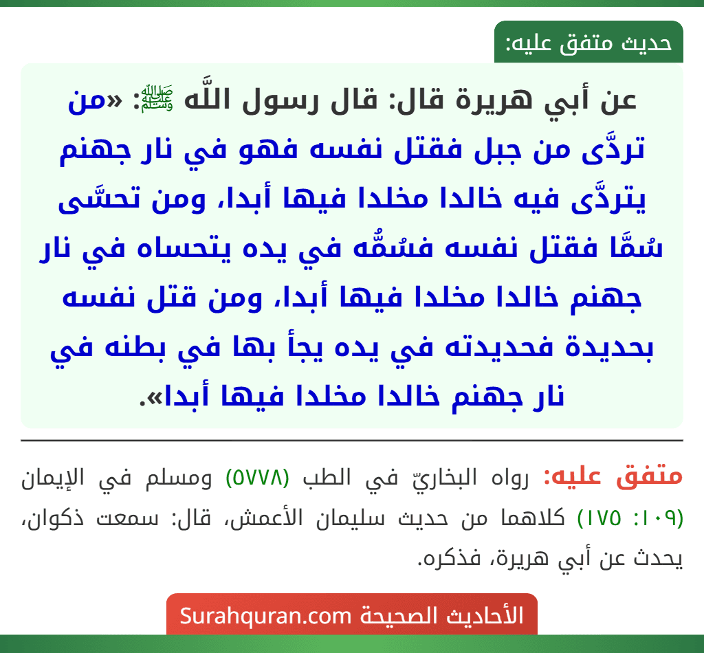 عن أبي هريرة قال: قال رسول اللَّه ﷺ: «من تردَّى من جبل فقتل نفسه فهو في نار جهنم يتردَّى فيه خالدا مخلدا فيها أبدا، ومن تحسَّى سُمَّا فقتل نفسه فسُمُّه في يده يتحساه في نار جهنم خالدا مخلدا فيها أبدا، ومن قتل نفسه بحديدة فحديدته في يده يجأ بها في بطنه في نار جهنم خالدا مخلدا فيها أبدا».