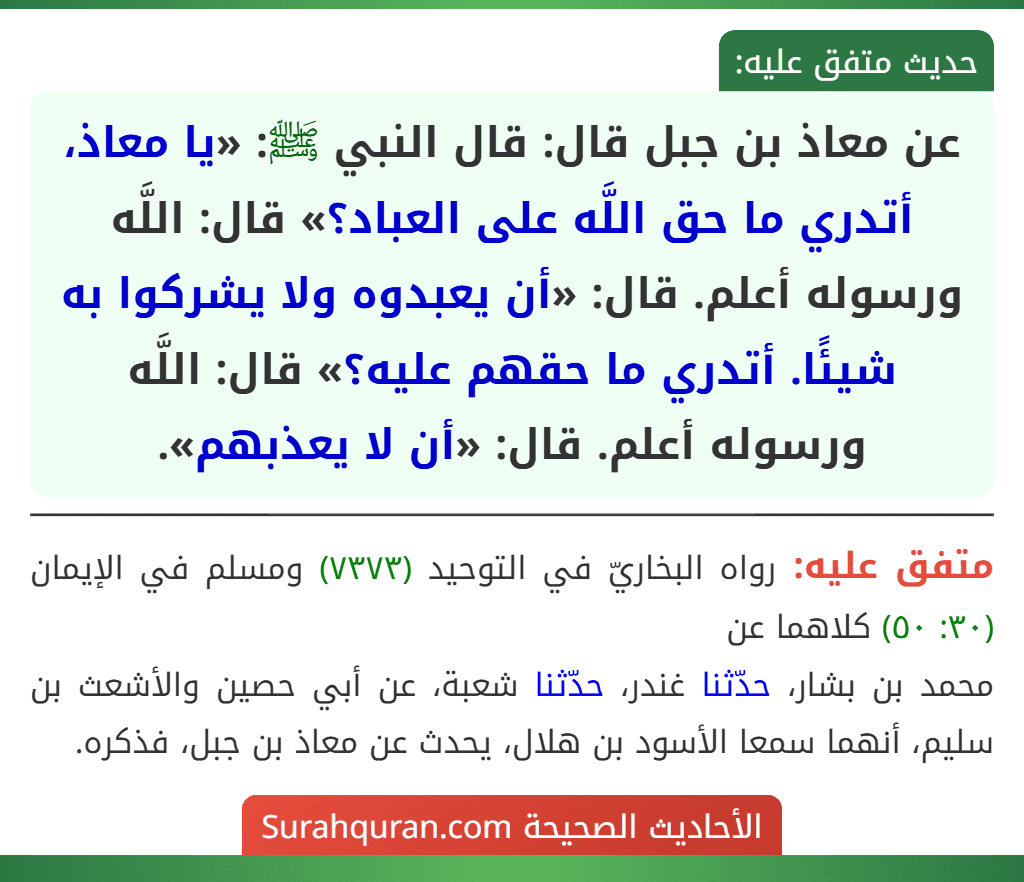 عن معاذ بن جبل قال: قال النبي ﷺ: «يا معاذ، أتدري ما حق اللَّه على العباد؟» قال: اللَّه ورسوله أعلم. قال: «أن يعبدوه ولا يشركوا به شيئًا. أتدري ما حقهم عليه؟» قال: اللَّه ورسوله أعلم. قال: «أن لا يعذبهم».