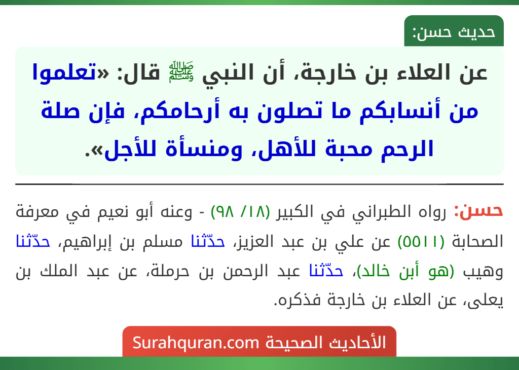 عن العلاء بن خارجة، أن النبي ﷺ قال: «تعلموا من أنسابكم ما تصلون به أرحامكم، فإن صلة الرحم محبة للأهل، ومنسأة للأجل». عن العلاء بن خارجة، أن النبي ﷺ قال: «تعلموا من أنسابكم ما تصلون به أرحامكم، فإن صلة الرحم محبة للأهل، ومنسأة للأجل».