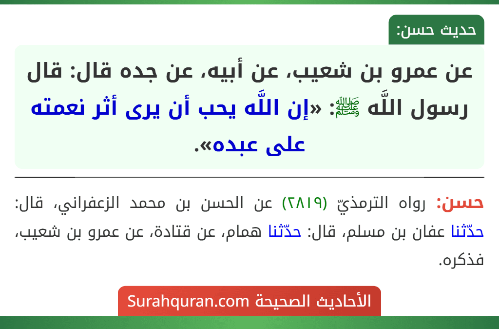 عن عمرو بن شعيب، عن أبيه، عن جده قال: قال رسول اللَّه ﷺ: «إن اللَّه يحب أن يرى أثر نعمته على عبده». عن عمرو بن شعيب، عن أبيه، عن جده قال: قال رسول اللَّه ﷺ: «إن اللَّه يحب أن يرى أثر نعمته على عبده».