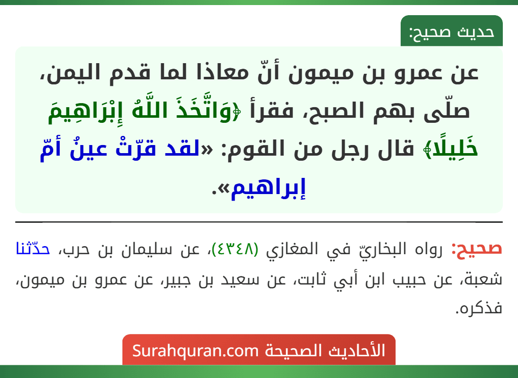 عن عمرو بن ميمون أنّ معاذا لما قدم اليمن، صلّى بهم الصبح، فقرأ ﴿وَاتَّخَذَ اللَّهُ إِبْرَاهِيمَ خَلِيلًا﴾ قال رجل من القوم: «لقد قرّتْ عينُ أمّ إبراهيم». عن عمرو بن ميمون أنّ معاذا لما قدم اليمن، صلّى بهم الصبح، فقرأ ﴿وَاتَّخَذَ اللَّهُ إِبْرَاهِيمَ خَلِيلًا﴾ قال رجل من القوم: «لقد قرّتْ عينُ أمّ إبراهيم».