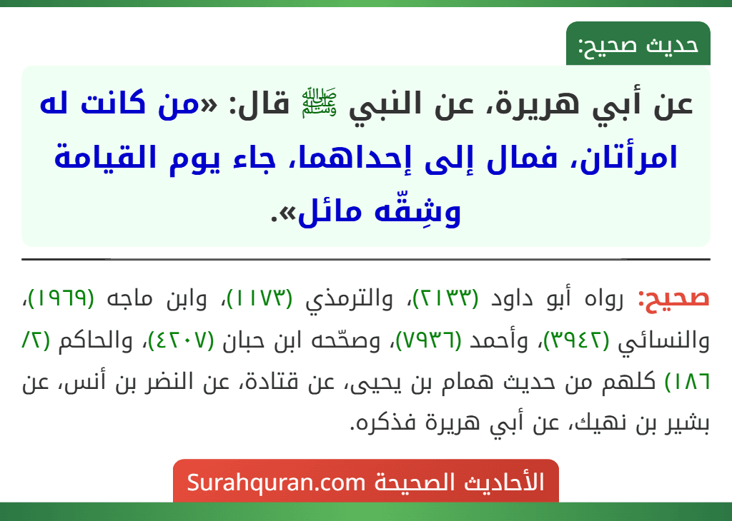 عن أبي هريرة، عن النبي ﷺ قال: «من كانت له امرأتان، فمال إلى إحداهما، جاء يوم القيامة وشِقّه مائل». عن أبي هريرة، عن النبي ﷺ قال: «من كانت له امرأتان، فمال إلى إحداهما، جاء يوم القيامة وشِقّه مائل».