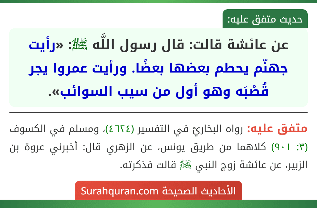 عن عائشة قالت: قال رسول اللَّه ﷺ: «رأيت جهنّم يحطم بعضها بعضًا. ورأيت عمروا يجر قُصْبَه وهو أول من سيب السوائب».