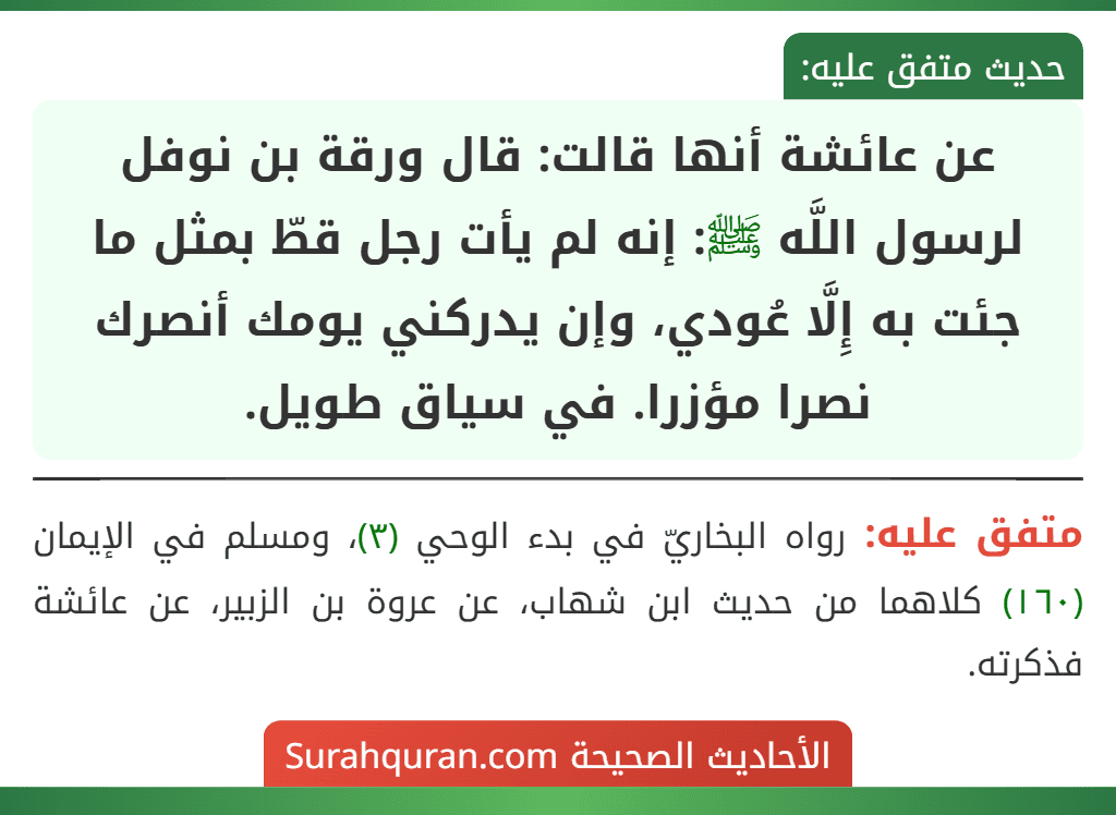 عن عائشة أنها قالت: قال ورقة بن نوفل لرسول اللَّه ﷺ: إنه لم يأت رجل قطّ بمثل ما جئت به إِلَّا عُودي، وإن يدركني يومك أنصرك نصرا مؤزرا. في سياق طويل.