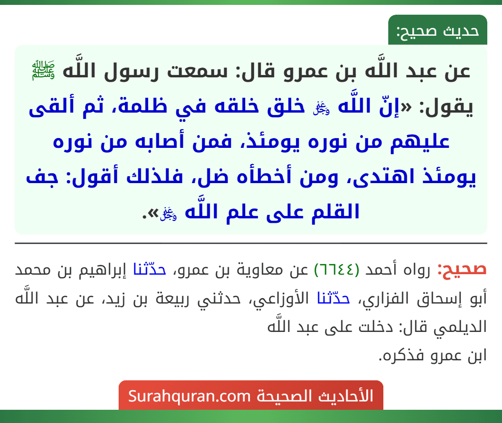 عن عبد اللَّه بن عمرو قال: سمعت رسول اللَّه ﷺ يقول: «إنّ اللَّه ﷿ خلق خلقه في ظلمة، ثم ألقى عليهم من نوره يومئذ، فمن أصابه من نوره يومئذ اهتدى، ومن أخطأه ضل، فلذلك أقول: جف القلم على علم اللَّه ﷿».