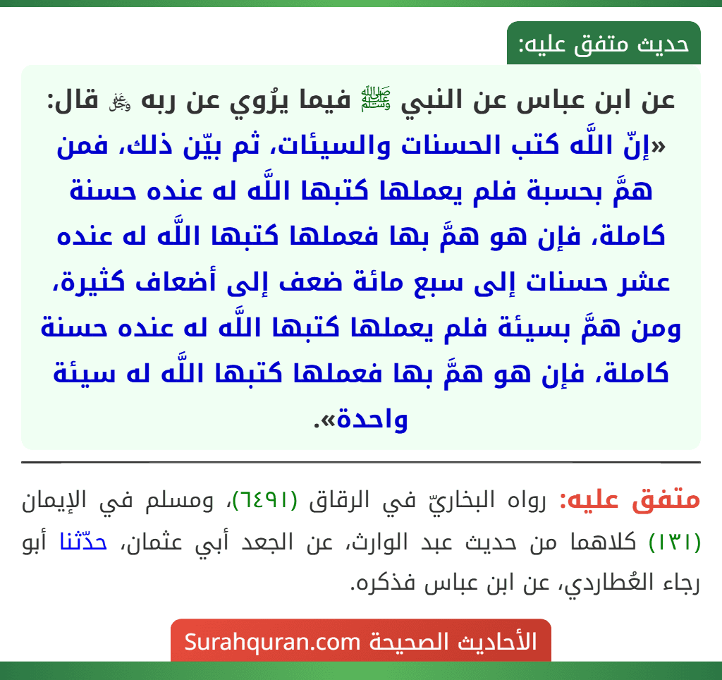 عن ابن عباس عن النبي ﷺ فيما يرُوي عن ربه ﷿ قال: «إنّ اللَّه كتب الحسنات والسيئات، ثم بيّن ذلك، فمن همَّ بحسبة فلم يعملها كتبها اللَّه له عنده حسنة كاملة، فإن هو همَّ بها فعملها كتبها اللَّه له عنده عشر حسنات إلى سبع مائة ضعف إلى أضعاف كثيرة، ومن همَّ بسيئة فلم يعملها كتبها اللَّه له عنده حسنة كاملة، فإن هو همَّ بها فعملها كتبها اللَّه له سيئة واحدة».