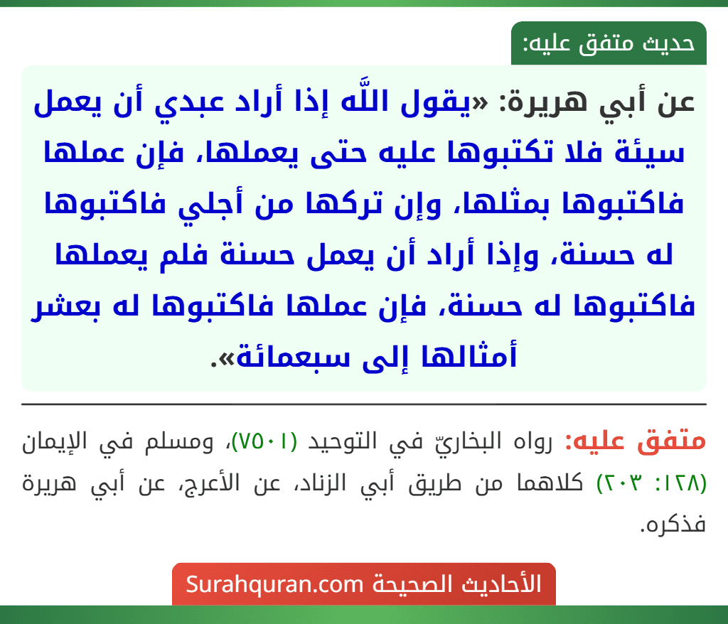 عن أبي هريرة: «يقول اللَّه إذا أراد عبدي أن يعمل سيئة فلا تكتبوها عليه حتى يعملها، فإن عملها فاكتبوها بمثلها، وإن تركها من أجلي فاكتبوها له حسنة، وإذا أراد أن يعمل حسنة فلم يعملها فاكتبوها له حسنة، فإن عملها فاكتبوها له بعشر أمثالها إلى سبعمائة». عن أبي هريرة: «يقول اللَّه إذا أراد عبدي أن يعمل سيئة فلا تكتبوها عليه حتى يعملها، فإن عملها فاكتبوها بمثلها، وإن تركها من أجلي فاكتبوها له حسنة، وإذا أراد أن يعمل حسنة فلم يعملها فاكتبوها له حسنة، فإن عملها فاكتبوها له بعشر أمثالها إلى سبعمائة».