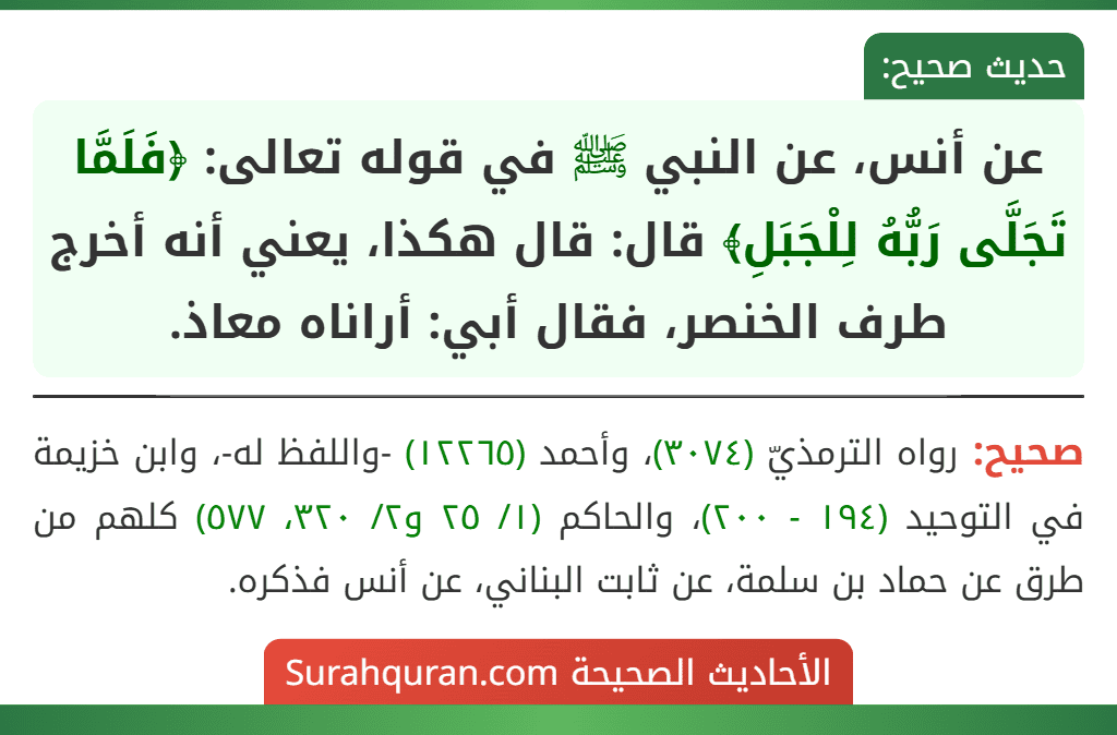 عن أنس، عن النبي ﷺ في قوله تعالى: ﴿فَلَمَّا تَجَلَّى رَبُّهُ لِلْجَبَلِ﴾ قال: قال هكذا، يعني أنه أخرج طرف الخنصر، فقال أبي: أراناه معاذ.