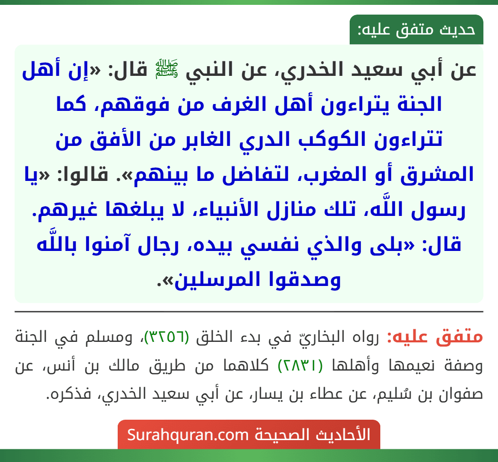 عن أبي سعيد الخدري، عن النبي ﷺ قال: «إن أهل الجنة يتراءون أهل الغرف من فوقهم، كما تتراءون الكوكب الدري الغابر من الأفق من المشرق أو المغرب، لتفاضل ما بينهم». قالوا: «يا رسول اللَّه، تلك منازل الأنبياء، لا يبلغها غيرهم. قال: «بلى والذي نفسي بيده، رجال آمنوا باللَّه وصدقوا المرسلين».