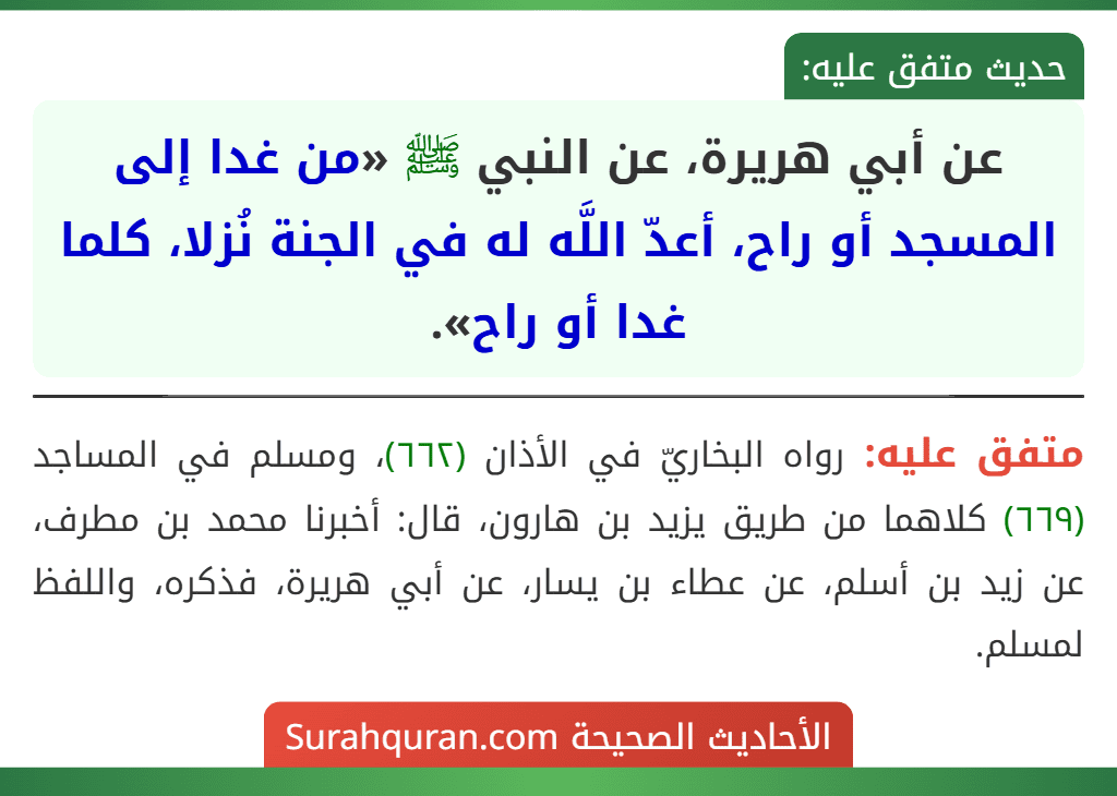 عن أبي هريرة، عن النبي ﷺ «من غدا إلى المسجد أو راح، أعدّ اللَّه له في الجنة نُزلا، كلما غدا أو راح». عن أبي هريرة، عن النبي ﷺ «من غدا إلى المسجد أو راح، أعدّ اللَّه له في الجنة نُزلا، كلما غدا أو راح».