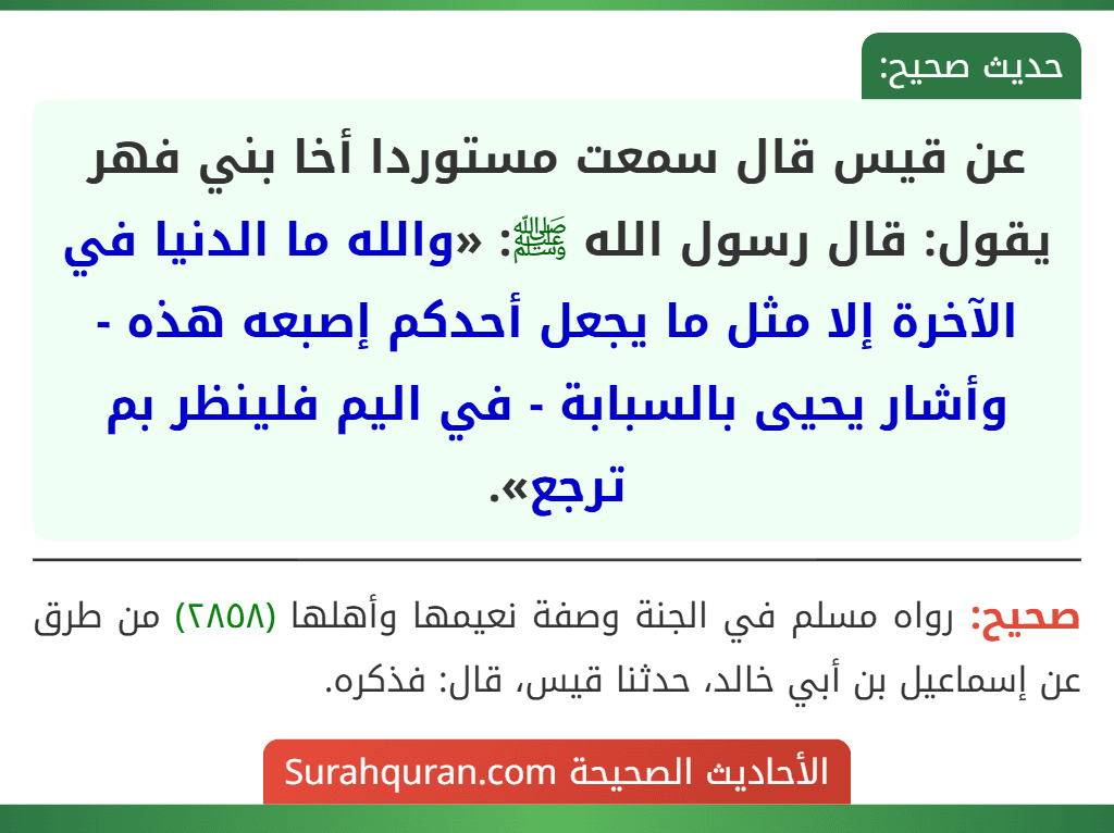 عن قيس قال سمعت مستوردا أخا بني فهر يقول: قال رسول الله ﷺ: «والله ما الدنيا في الآخرة إلا مثل ما يجعل أحدكم إصبعه هذه - وأشار يحيى بالسبابة - في اليم فلينظر بم ترجع».