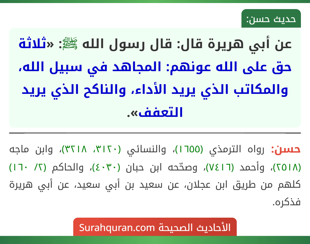 عن أبي هريرة قال: قال رسول الله ﷺ: «ثلاثة حق على الله عونهم: المجاهد في سبيل الله، والمكاتب الذي يريد الأداء، والناكح الذي يريد التعفف».