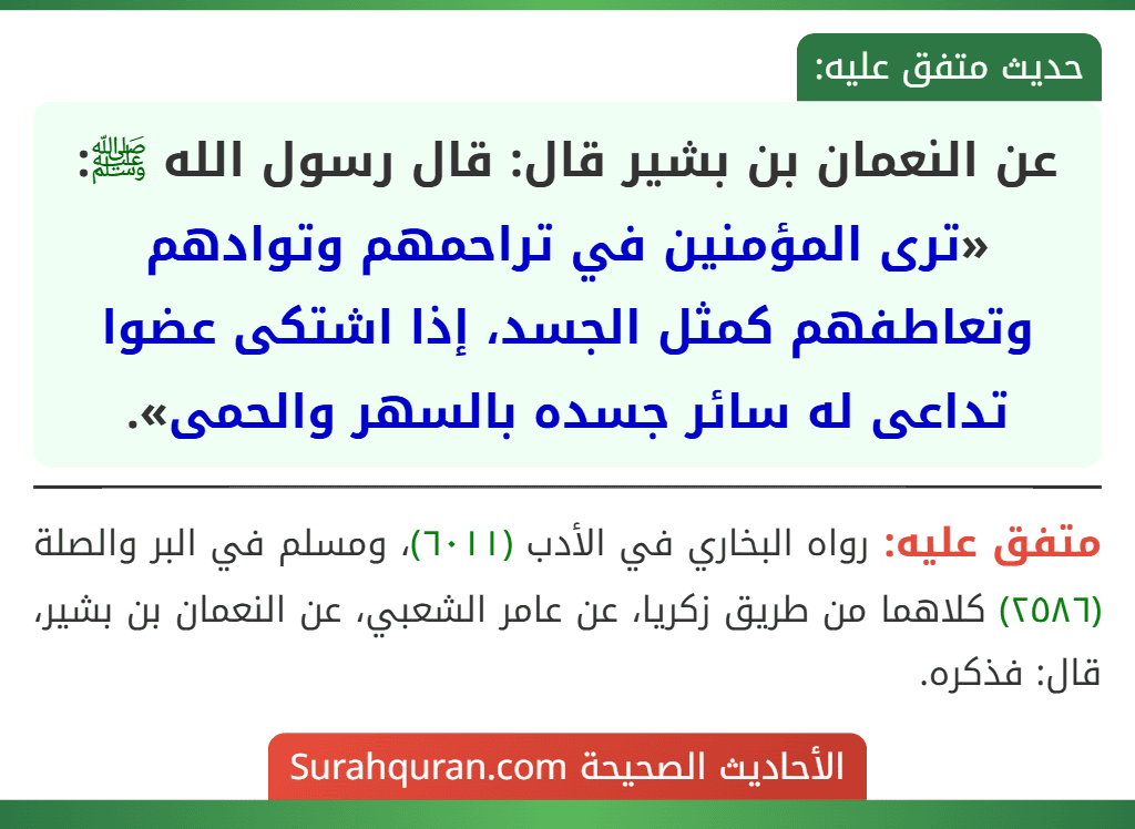 عن النعمان بن بشير قال: قال رسول الله ﷺ: «ترى المؤمنين في تراحمهم وتوادهم وتعاطفهم كمثل الجسد، إذا اشتكى عضوا تداعى له سائر جسده بالسهر والحمى».