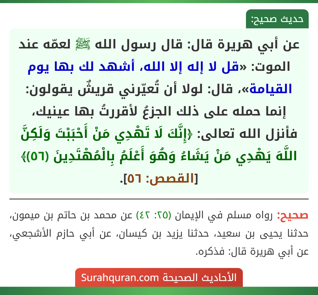 عن أبي هريرة قال: قال رسول الله ﷺ لعمّه عند الموت: «قل لا إله إلا الله، أشهد لك بها يوم القيامة»، قال: لولا أن تُعيّرني قريشٌ يقولون: إنما حمله على ذلك الجزعُ لأقررتُ بها عينيك، فأنزل الله تعالى: ﴿إِنَّكَ لَا تَهْدِي مَنْ أَحْبَبْتَ وَلَكِنَّ اللَّهَ يَهْدِي مَنْ يَشَاءُ وَهُوَ أَعْلَمُ بِالْمُهْتَدِينَ (٥٦)﴾ [القصص: ٥٦].