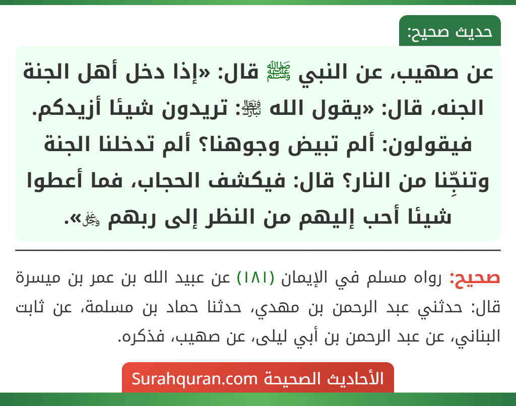 عن صهيب، عن النبي ﷺ قال: «إذا دخل أهل الجنة الجنه، قال: «يقول الله ﵎: تريدون شيئا أزيدكم. فيقولون: ألم تبيض وجوهنا؟ ألم تدخلنا الجنة
وتنجِّنا من النار؟ قال: فيكشف الحجاب، فما أعطوا شيئا أحب إليهم من النظر إلى ربهم ﷿».