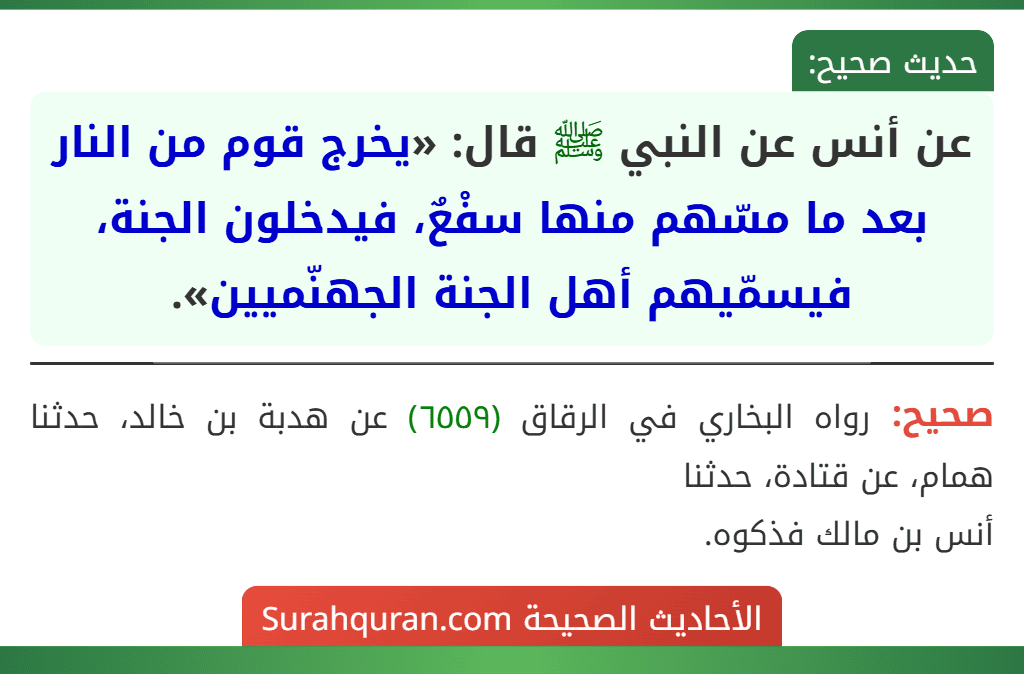 عن أنس عن النبي ﷺ قال: «يخرج قوم من النار بعد ما مسّهم منها سفْعٌ، فيدخلون الجنة، فيسمّيهم أهل الجنة الجهنّميين».