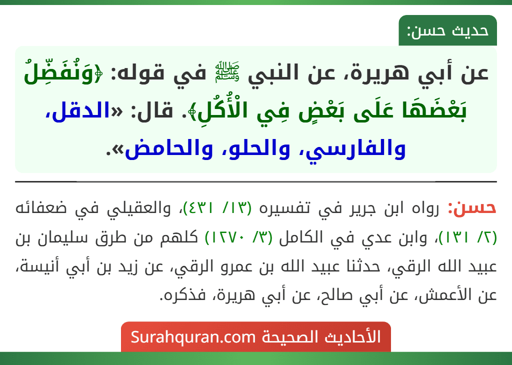 عن أبي هريرة، عن النبي ﷺ في قوله: ﴿وَنُفَضِّلُ بَعْضَهَا عَلَى بَعْضٍ فِي الْأُكُلِ﴾. قال: «الدقل، والفارسي، والحلو، والحامض».