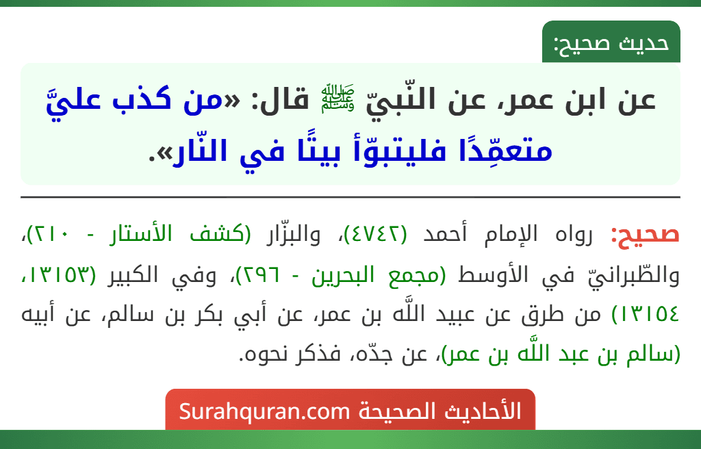 عن ابن عمر، عن النّبيّ ﷺ قال: «من كذب عليَّ متعمِّدًا فليتبوّأ بيتًا في النّار».