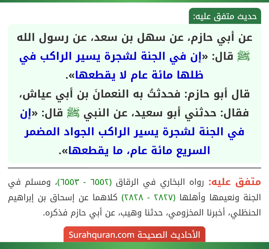عن أبي حازم، عن سهل بن سعد، عن رسول الله ﷺ قال: «إن في الجنة لشجرة يسير الراكب في ظلها مائة عام لا يقطعها».
قال أبو حازم: فحدثتُ به النعمانَ بن أبي عياش، فقال: حدثني أبو سعيد، عن النبي ﷺ قال: «إن في الجنة لشجرة يسير الراكب الجواد المضمر السريع مائة عام، ما يقطعها».