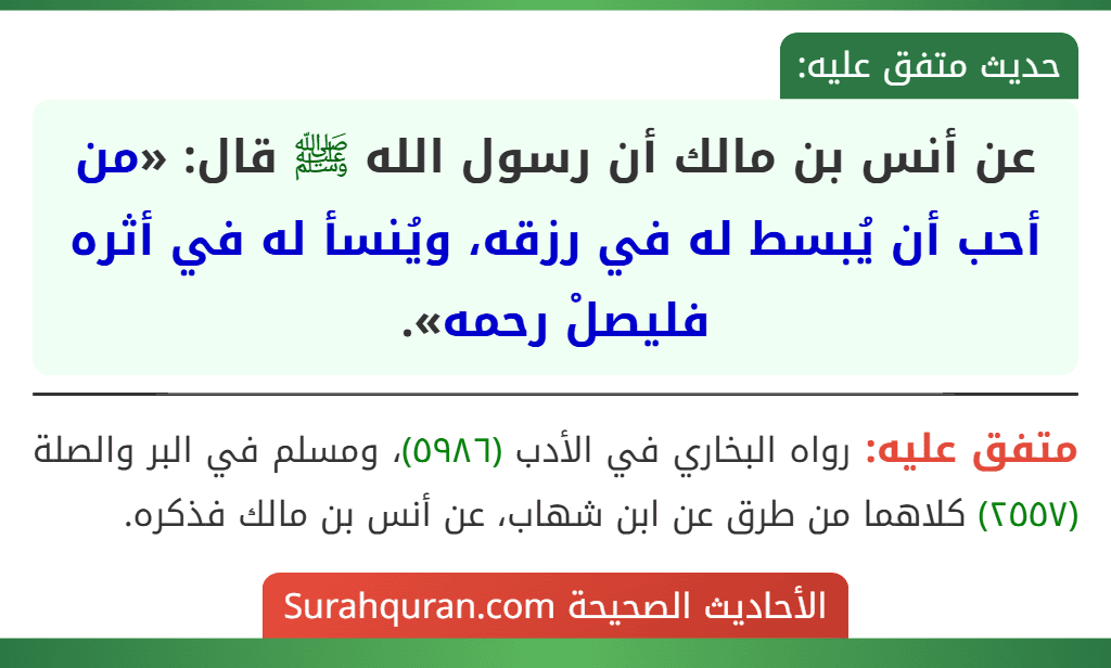 عن أنس بن مالك أن رسول الله ﷺ قال: «من أحب أن يُبسط له في رزقه، ويُنسأ له في أثره فليصلْ رحمه». عن أنس بن مالك أن رسول الله ﷺ قال: «من أحب أن يُبسط له في رزقه، ويُنسأ له في أثره فليصلْ رحمه».