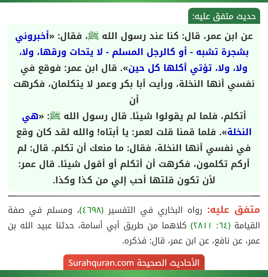 عن ابن عمر، قال: كنا عند رسول الله ﷺ، فقال: «أخبروني بشجرة تشبه - أو كالرجل المسلم - لا يتحات ورقها، ولا، ولا، ولا، تؤتي أكلها كل حين». قال ابن عمر: فوقع في نفسي أنها النخلة، ورأيت أبا بكر وعمر لا يتكلمان، فكرهت أن
أتكلم، فلما لم يقولوا شيئا. قال رسول الله ﷺ: «هي النخلة». فلما قمنا قلت لعمر: يا أبتاه! والله لقد كان وقع في نفسي أنها النخلة، فقال: ما منعك أن تكلم. قال: لم أركم تكلمون، فكرهت أن أتكلم أو أقول شيئا. قال عمر: لأن تكون قلتها أحب إلي من كذا وكذا.