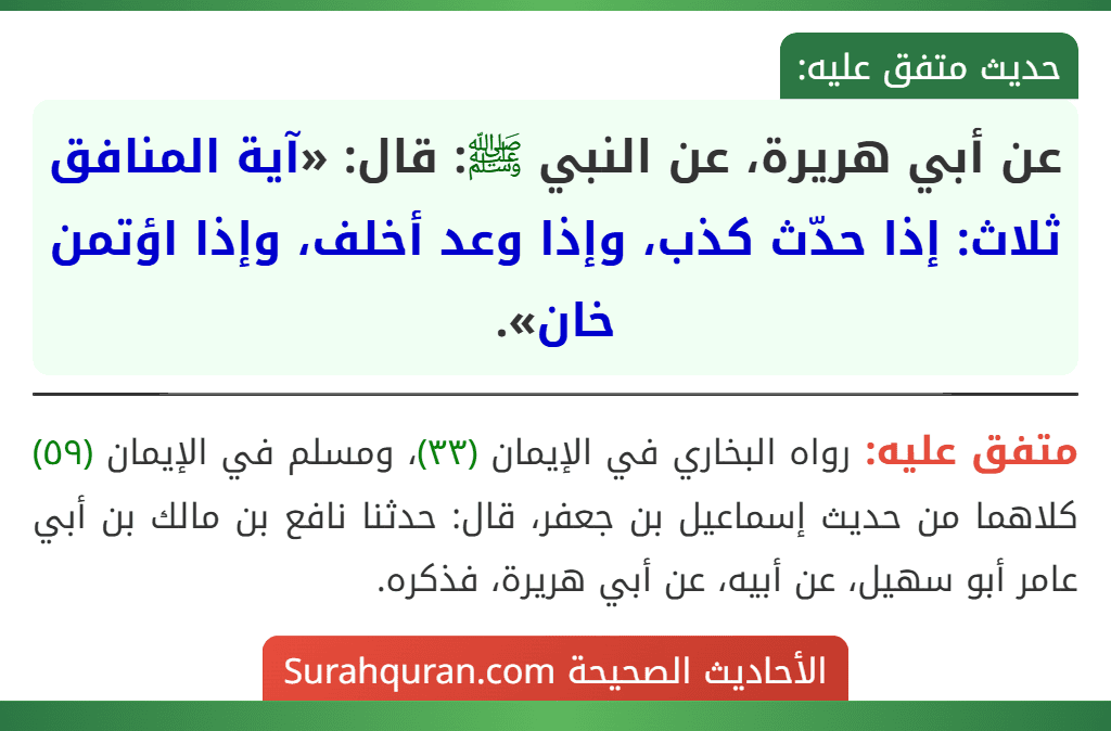 عن أبي هريرة، عن النبي ﷺ: قال: «آية المنافق ثلاث: إذا حدّث كذب، وإذا وعد أخلف، وإذا اؤتمن خان».