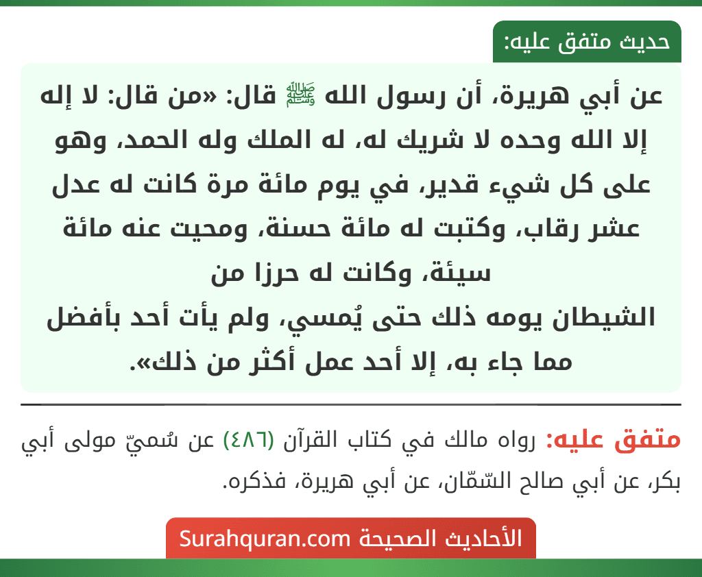 عن أبي هريرة، أن رسول الله ﷺ قال: «من قال: لا إله إلا الله وحده لا شريك له، له الملك وله الحمد، وهو على كل شيء قدير، في يوم مائة مرة كانت له عدل عشر رقاب، وكتبت له مائة حسنة، ومحيت عنه مائة سيئة، وكانت له حرزا من
الشيطان يومه ذلك حتى يُمسي، ولم يأت أحد بأفضل مما جاء به، إلا أحد عمل أكثر من ذلك». عن أبي هريرة، أن رسول الله ﷺ قال: «من قال: لا إله إلا الله وحده لا شريك له، له الملك وله الحمد، وهو على كل شيء قدير، في يوم مائة مرة كانت له عدل عشر رقاب، وكتبت له مائة حسنة، ومحيت عنه مائة سيئة، وكانت له حرزا من
الشيطان يومه ذلك حتى يُمسي، ولم يأت أحد بأفضل مما جاء به، إلا أحد عمل أكثر من ذلك».