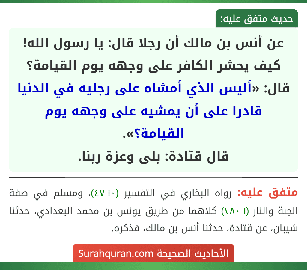عن أنس بن مالك أن رجلا قال: يا رسول الله! كيف يحشر الكافر على وجهه يوم القيامة؟ قال: «أليس الذي أمشاه على رجليه في الدنيا قادرا على أن يمشيه على وجهه يوم القيامة؟».
قال قتادة: بلى وعزة ربنا.