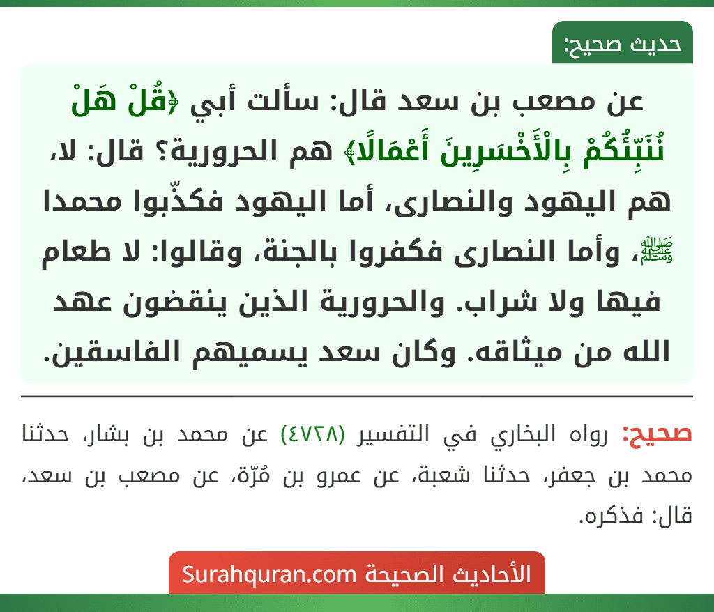 عن مصعب بن سعد قال: سألت أبي ﴿قُلْ هَلْ نُنَبِّئُكُمْ بِالْأَخْسَرِينَ أَعْمَالًا﴾ هم الحرورية؟ قال: لا، هم اليهود والنصارى، أما اليهود فكذّبوا محمدا ﷺ، وأما النصارى فكفروا بالجنة، وقالوا: لا طعام فيها ولا شراب. والحرورية الذين ينقضون عهد الله من ميثاقه. وكان سعد يسميهم الفاسقين.