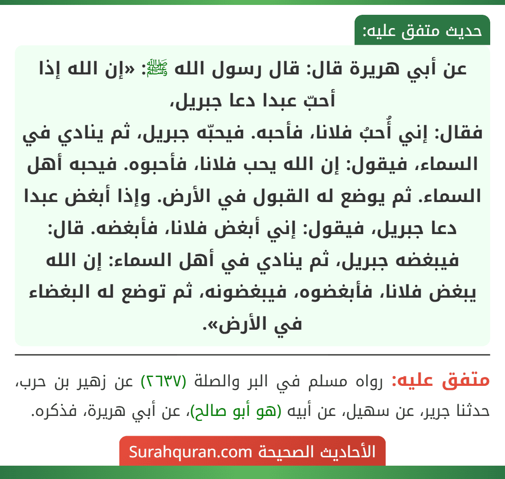 عن أبي هريرة قال: قال رسول الله ﷺ: «إن الله إذا أحبّ عبدا دعا جبريل،
فقال: إني أُحبُ فلانا، فأحبه. فيحبّه جبريل، ثم ينادي في السماء، فيقول: إن الله يحب فلانا، فأحبوه. فيحبه أهل السماء. ثم يوضع له القبول في الأرض. وإذا أبغض عبدا دعا جبريل، فيقول: إني أبغض فلانا، فأبغضه. قال: فيبغضه جبريل، ثم ينادي في أهل السماء: إن الله يبغض فلانا، فأبغضوه، فيبغضونه، ثم توضع له البغضاء في الأرض».