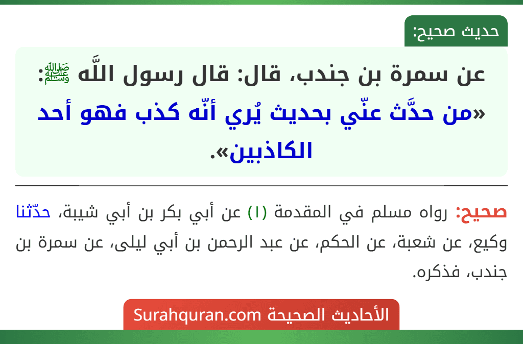 عن سمرة بن جندب، قال: قال رسول اللَّه ﷺ: «من حدَّث عنّي بحديث يُري أنّه كذب فهو أحد الكاذبين».