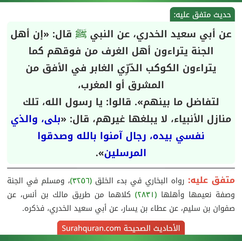 عن أبي سعيد الخدري، عن النبي ﷺ قال: «إن أهل الجنة يتراءون أهل الغرف من فوقهم كما يتراءون الكوكب الدّرِّي الغابر في الأفق من المشرق أو المغرب،
لتفاضل ما بينهم». قالوا: يا رسول الله، تلك منازل الأنبياء، لا يبلغها غيرهم، قال: «بلى، والذي نفسي بيده، رجال آمنوا بالله وصدقوا المرسلين».